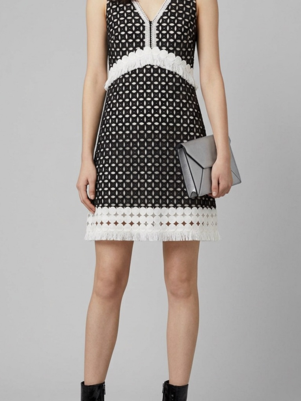 Badgley Mischka Black and White Eyelet Fringe A-Line Dress